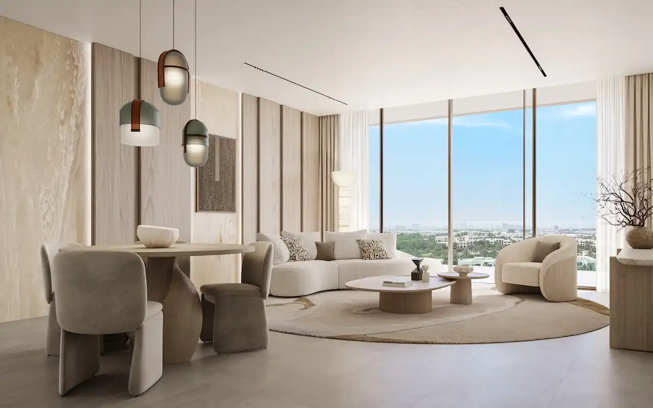 Hado one bedroom apartment living room in the SIORA community by Beyond featuring modern neutral interior design panoramic windows and soft contemporary furnishings presented by Tohid Fetrat.