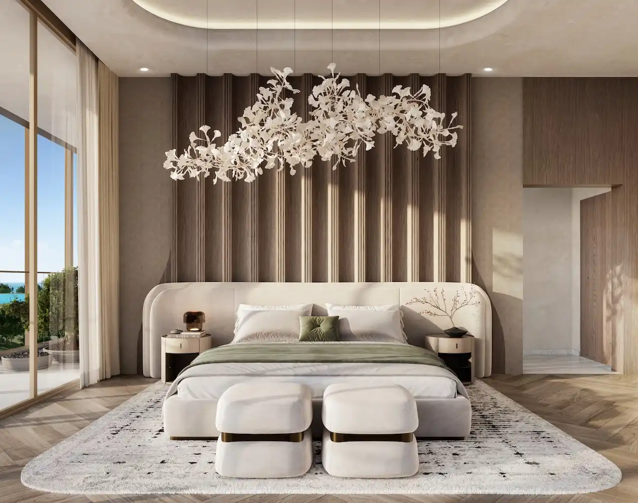 Hado duplex master bedroom with elegant soft tones sculptural chandelier warm natural light and terrace view in the SIORA community by Beyond presented by Tohid Fetrat.