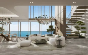 Hado duplex living room with double height ceiling panoramic sea view sculptural chandelier modern furniture and floating staircase in the SIORA community by Beyond presented by Tohid Fetrat.