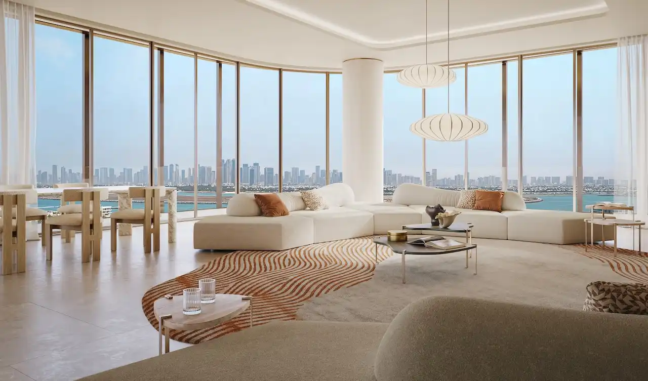 Hado luxury living room with panoramic floor to ceiling windows modern beige interiors curved sofa designer lighting and stunning city and water views in the SIORA community by Beyond presented by Tohid Fetrat.