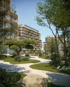 Terrace garden at Hado in the SIORA community by Beyond featuring sculpted greenery winding pathways and the organic stepped architecture of the towers presented by Tohid Fetrat.