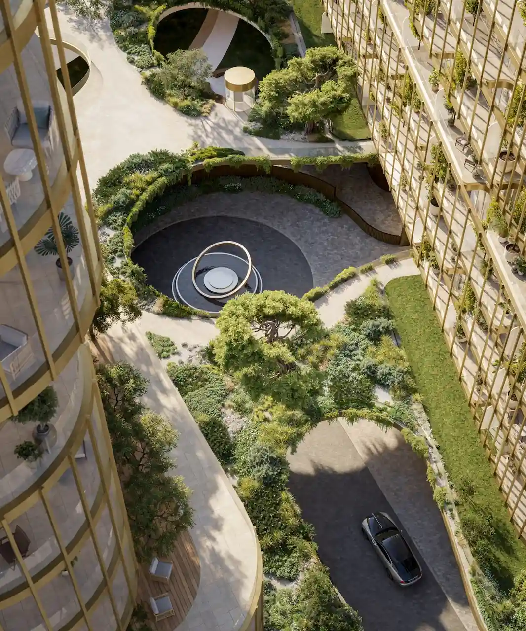 Aerial view of the landscaped arrival zone at Hado Tower in the SIORA community by Beyond featuring curved walkways lush greenery architectural water feature and luxury arrival design presented by Tohid Fetrat.