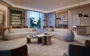 Luxury cigar lounge interior at Hado Tower in the SIORA community by Beyond featuring contemporary seating warm lighting and elegant stone textures presented by Tohid Fetrat.