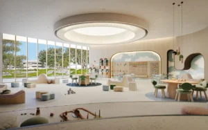 Luxury kids club at Hado Tower in the SIORA community by Beyond featuring modern play areas natural light child friendly furniture and serene garden views presented by Tohid Fetrat.