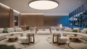 Multipurpose hall at Hado Tower in the SIORA community by Beyond featuring modern lounge seating warm wood paneling a foosball table and large glass windows overlooking landscaped gardens presented by Tohid Fetrat.