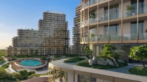 Outdoor terrace view of Hado Tower in the SIORA community by Beyond featuring landscaped gardens modern stepped architecture and the central pool area presented by Tohid Fetrat.