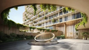 Secondary drop off area of Hado Tower in the SIORA community by Beyond featuring cascading greenery golden architectural detailing a circular water feature and the elegant building facade presented by Tohid Fetrat.