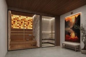 Hado Tower wellness spa in the SIORA community by Beyond featuring a luxury sauna with glowing salt wall a marble steam room and a serene relaxation area presented by Tohid Fetrat.