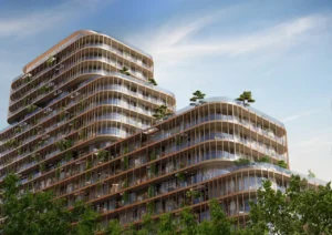 Upper facade of Hado in the SIORA community by Beyond showing cascading terraces curved glass architecture vertical greenery and rooftop trees presented by Tohid Fetrat.