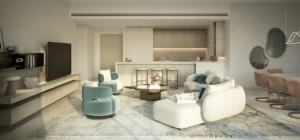 Elegant open plan living room in a 3 bedroom apartment at MJL Nourelle in Madinat Jumeirah Living Dubai, featuring soft neutral furniture, modern seating, integrated kitchen and refined contemporary interior design. Presented by Tohid Fetrat.