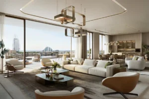 Luxury living and dining interior in a 4 bedroom apartment at MJL Nourelle in Madinat Jumeirah Living Dubai, showcasing open plan design, designer lighting, floor to ceiling windows and Burj Al Arab views. Presented by Tohid Fetrat.