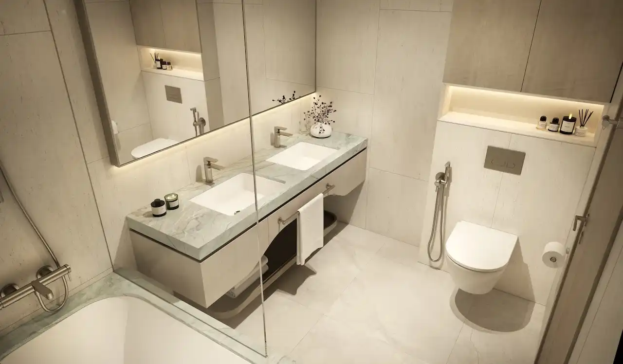 Master bathroom with double vanity at MJL Nourelle in Madinat Jumeirah Living Dubai, featuring marble countertops, bespoke cabinetry, walk in shower, modern sanitary fittings and a refined minimalist layout. Presented by Tohid Fetrat.