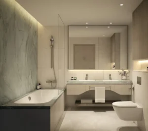 Master bathroom interior at MJL Nourelle in Madinat Jumeirah Living Dubai, featuring a refined modern design with marble finishes, walk in shower, elegant bathtub and bespoke vanity details. Presented by Tohid Fetrat.