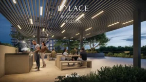 Palace Residences Hillside by Emaar — outdoor BBQ and dining area in Dubai Hills Estate — residents enjoying evening gatherings — presented by Tohid Fetrat.