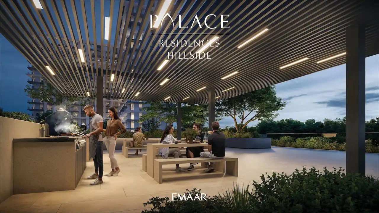 Palace Residences Hillside by Emaar — outdoor BBQ and dining area in Dubai Hills Estate — residents enjoying evening gatherings — presented by Tohid Fetrat.