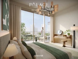 Palace Residences Hillside by Emaar — elegant bedroom interior with balcony view overlooking Dubai Hills Estate — presented by Tohid Fetrat.