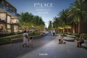 Palace Residences Hillside by Emaar — landscaped community walkway with families and residents enjoying evening strolls in Dubai Hills Estate — presented by Tohid Fetrat.