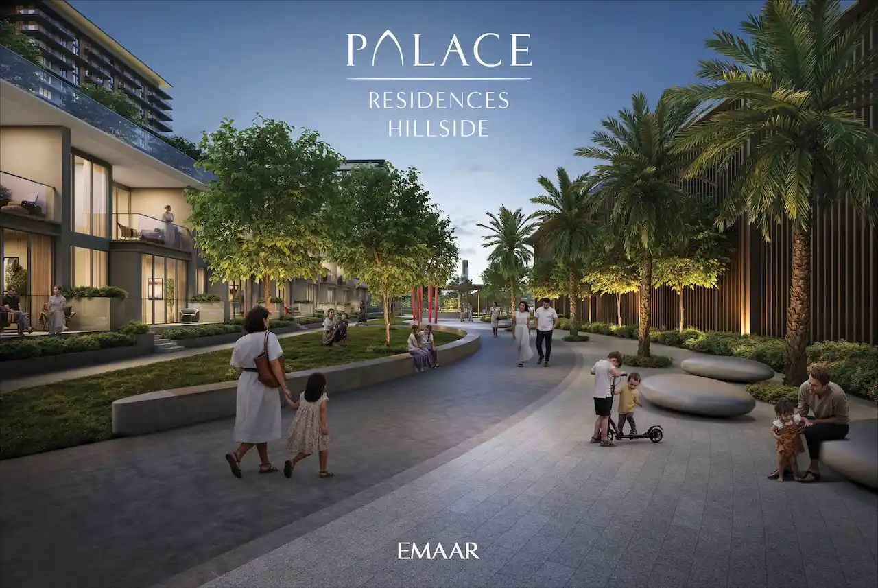 Palace Residences Hillside by Emaar — landscaped community walkway with families and residents enjoying evening strolls in Dubai Hills Estate — presented by Tohid Fetrat.