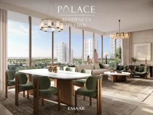 Palace Residences Hillside by Emaar — luxurious living and dining area with panoramic windows overlooking Dubai Hills Estate — presented by Tohid Fetrat.