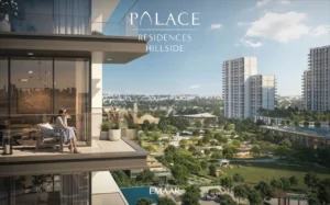 Palace Residences Hillside by Emaar — luxury apartment balcony overlooking Dubai Hills Estate park and skyline — presented by Tohid Fetrat.