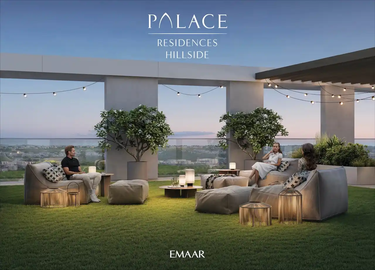 Palace Residences Hillside by Emaar — luxury rooftop lounge with sunset views over Dubai Hills Estate — modern lifestyle presented by Tohid Fetrat.