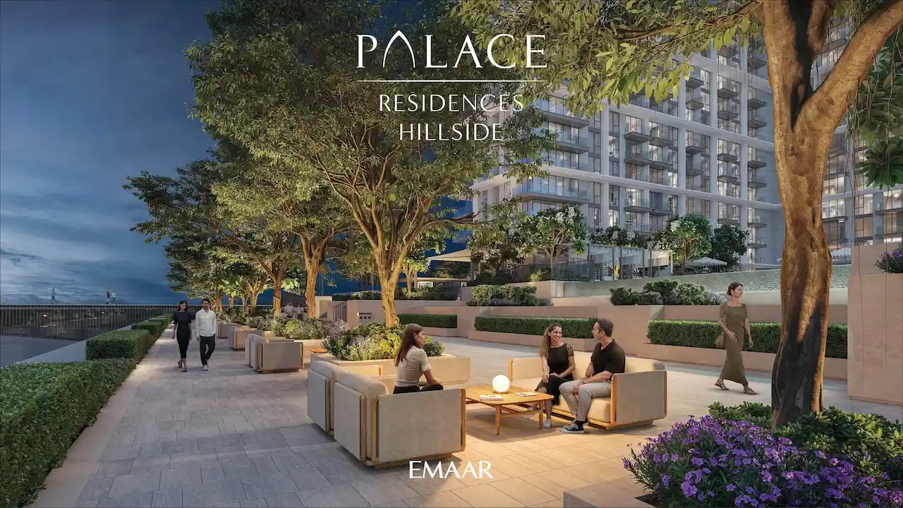 Palace Residences Hillside by Emaar — outdoor lounge and landscaped seating area at night in Dubai Hills Estate — presented by Tohid Fetrat.