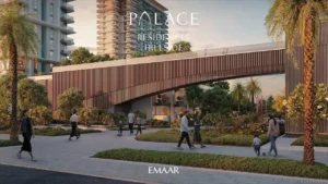 Palace Residences Hillside by Emaar — modern pedestrian bridge and landscaped walkway connecting residential towers in Dubai Hills Estate — presented by Tohid Fetrat.
