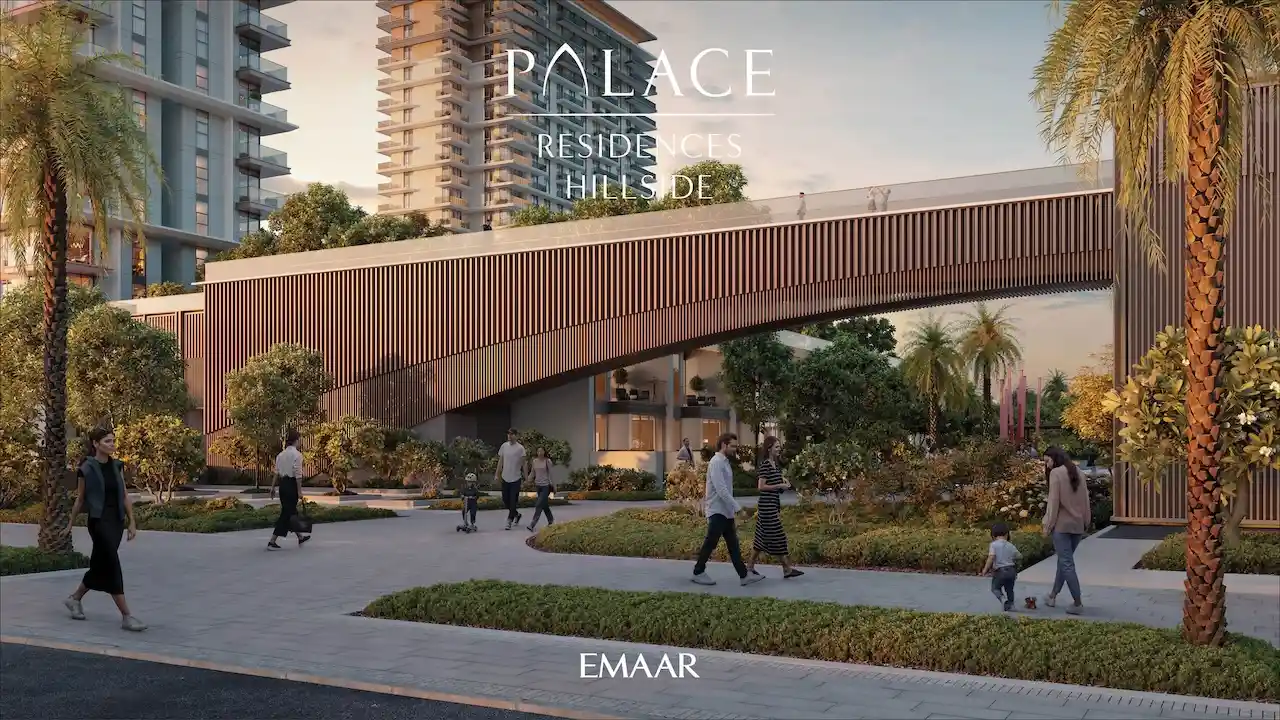 Palace Residences Hillside by Emaar — modern pedestrian bridge and landscaped walkway connecting residential towers in Dubai Hills Estate — presented by Tohid Fetrat.