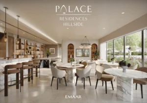 Palace Residences Hillside by Emaar — luxurious residents’ lounge with marble interiors, warm lighting, and garden views in Dubai Hills Estate — presented by Tohid Fetrat.