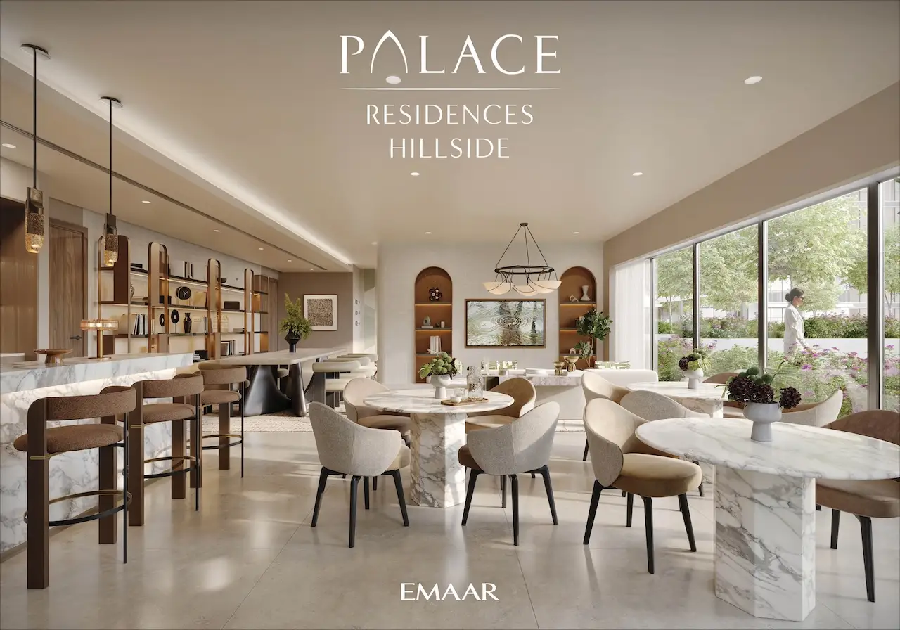 Palace Residences Hillside by Emaar — luxurious residents’ lounge with marble interiors, warm lighting, and garden views in Dubai Hills Estate — presented by Tohid Fetrat.