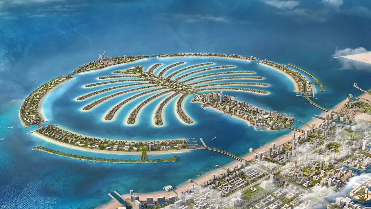 Aerial masterplan view of Palm Jebel Ali showing the iconic palm-shaped island with residential fronds, beachfront communities, and waterfront developments in Dubai on the Gulf. Presented by Tohid Fetrat.
