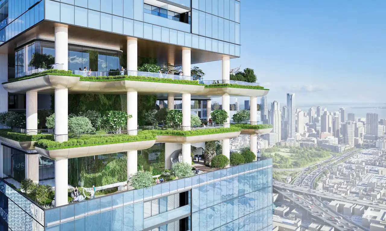 Elevated garden terraces at Sobha Sky Park featuring multi level greenery, landscaped outdoor lounges, and panoramic Dubai skyline views, presented by Tohid Fetrat.