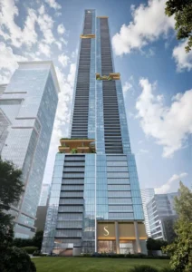 Daytime exterior view of Sobha Sky Park tower on Sheikh Zayed Road showcasing its vertical glass facade and sky terraces, presented by Tohid Fetrat.