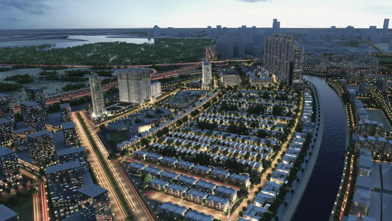 Sobha Hartland Dubai — luxury waterfront community with villas, apartments, and canal views at night — presented by Tohid Fetrat.