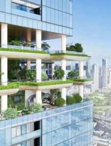 Sky garden exterior amenities at Sobha Sky Park featuring layered terraces, landscaped greenery, and panoramic Dubai skyline views, presented by Tohid Fetrat.