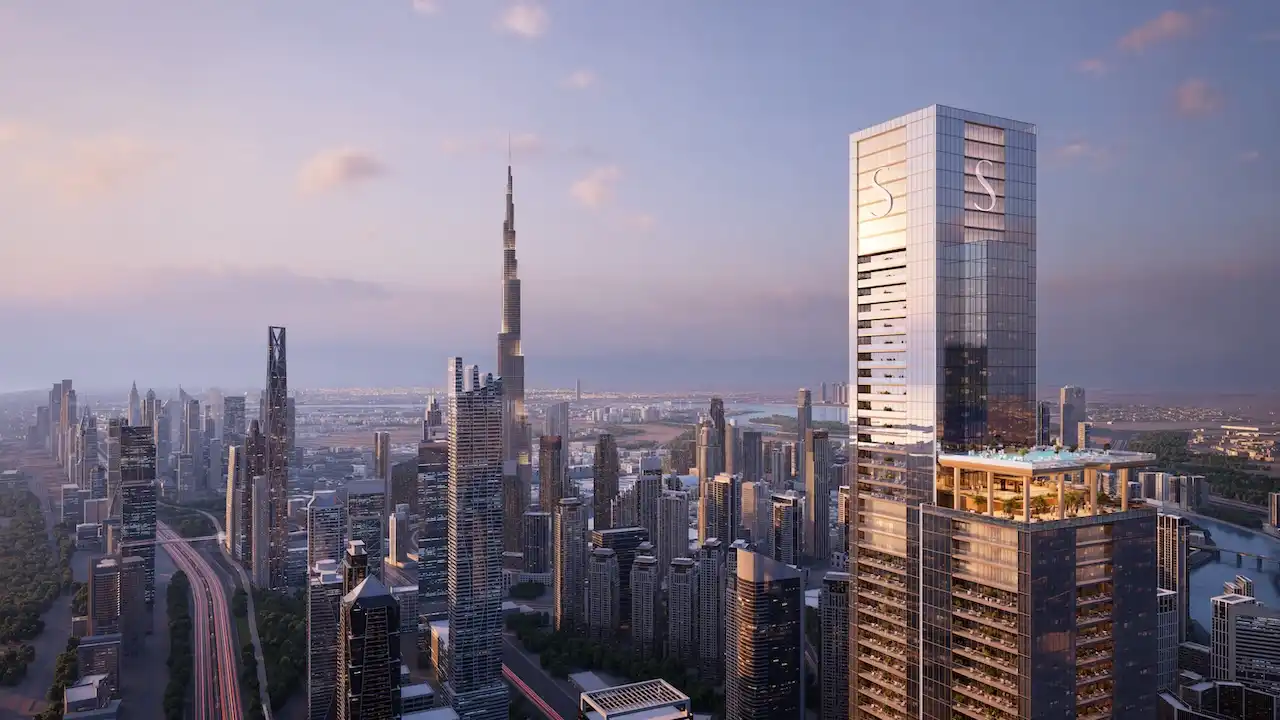 Sobha SkyParks tower with panoramic views of Burj Khalifa and Downtown Dubai skyline presented by Tohid Fetrat.