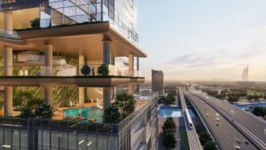 Elevated terrace pool and landscaped amenities at Sobha SkyParks overlooking Sheikh Zayed Road presented by Tohid Fetrat.