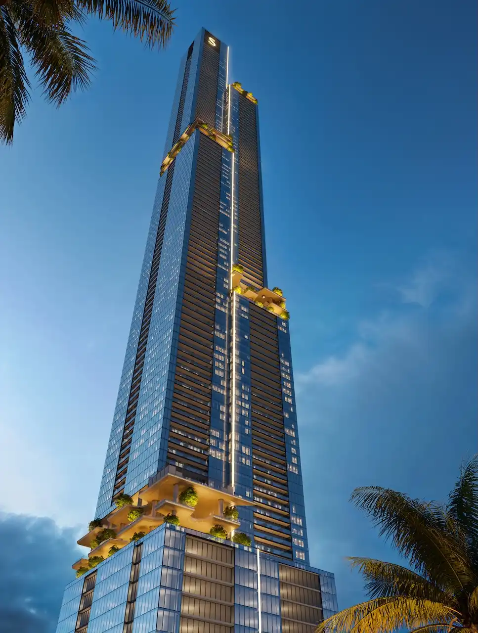 Sobha SkyParks hero facade at night highlighting the full height tower and illuminated sky terraces on Sheikh Zayed Road in Dubai presented by Tohid Fetrat.