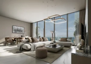 Sobha SkyParks modern living and dining interior with floor to ceiling windows, refined furniture, and panoramic views presented by Tohid Fetrat.