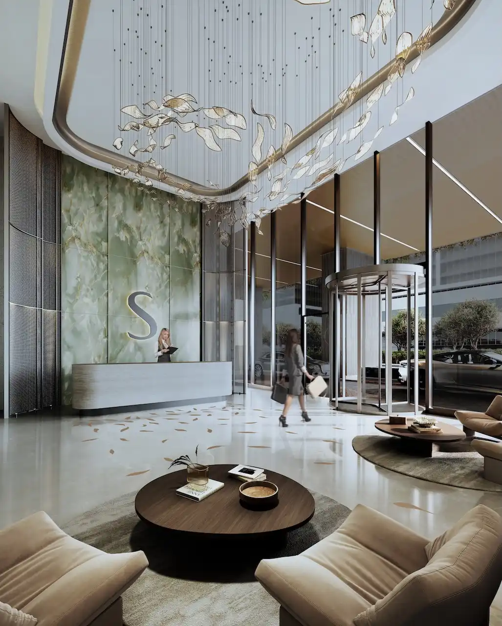 Sobha SkyParks luxury lobby interior featuring a refined reception desk, sculptural lighting, and elegant seating areas presented by Tohid Fetrat.