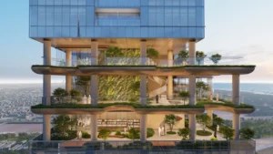 Sobha SkyParks multi level sky gardens podium featuring landscaped terraces, vertical greenery, sculptural staircases, and open lifestyle spaces with city and Gulf views, presented by Tohid Fetrat.
