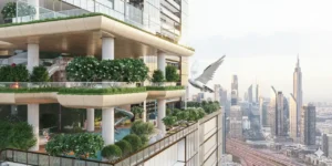 Sobha SkyParks play zone and sky gardens featuring multi level landscaped terraces, leisure decks, and interactive lifestyle spaces with Dubai skyline and Gulf views, presented by Tohid Fetrat.