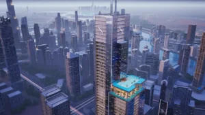 Sobha SkyParks high rise tower with rooftop infinity pool overlooking Dubai skyline prepared by Tohid Fetrat.