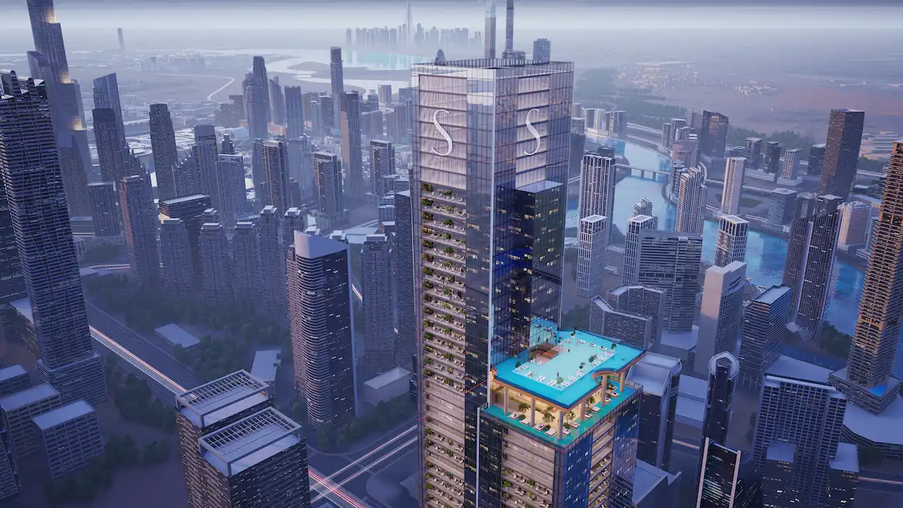 Sobha SkyParks high rise tower with rooftop infinity pool overlooking Dubai skyline prepared by Tohid Fetrat.