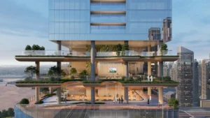 Multi level sky fitness and wellness terraces at Sobha SkyParks with panoramic city views presented by Tohid Fetrat.