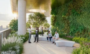 Sobha SkyParks sky garden business and social zone with landscaped greenery, seating areas, and informal meeting spaces presented by Tohid Fetrat.