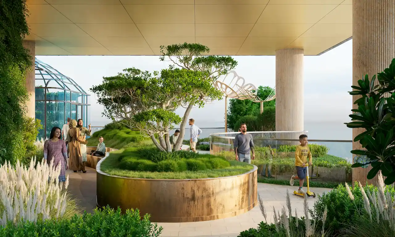 Sobha SkyParks sky garden community zone with landscaped greenery, family friendly walkways, and leisure spaces in an elevated environment overlooking the Gulf, presented by Tohid Fetrat.