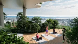 Sobha SkyParks sky garden wellness and sport zone with outdoor yoga and fitness area overlooking the city and the Gulf, presented by Tohid Fetrat.