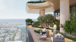 Sobha SkyParks sky jogging track with outdoor lounge seating, landscaped greenery, and panoramic city and Gulf views, offering an elevated active lifestyle experience, presented by Tohid Fetrat.
