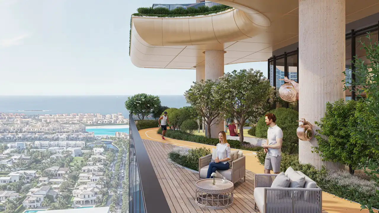 Sobha SkyParks sky jogging track with outdoor lounge seating, landscaped greenery, and panoramic city and Gulf views, offering an elevated active lifestyle experience, presented by Tohid Fetrat.